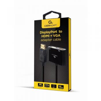Gembird A-DPM-HDMIFVGAF-01 Adaptador DisplayPort Macho a HDMI Hembra y VGA Hembra, Cable Convertidor, 10 cm, Color Negro