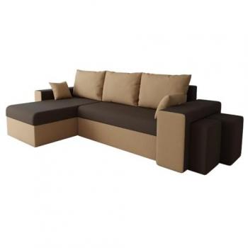 Sofá rinconero Memphis 124, color marrón claro, con función de descanso y caja de ropa de cama, dimensiones 256x139x80cm
