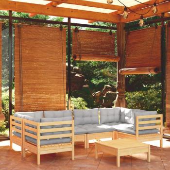 7-Piece Pinewood Garden Lounge Set with Gray Cushions