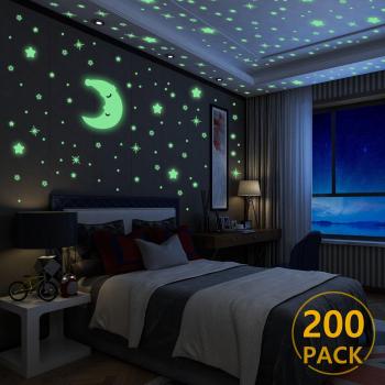Luminoso Pegatinas de Pared Yosemy Luna y Estrellas, Fluorescente Decoración de Pared para Dormitorio de Niños, DIY Decoración de la Habitación Para Chico Niña Bebé, Casa Interior Mural, 200 Pzas