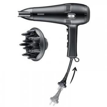 Secador de pelo Severin HT 0165, 2100 W, Negro, con cable retráctil automático y difusor concentrador extraíbles