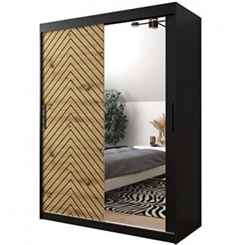 Armario Corredero Hartford 311 Negro 150x200x62cm con 5 Estantes y Espejo