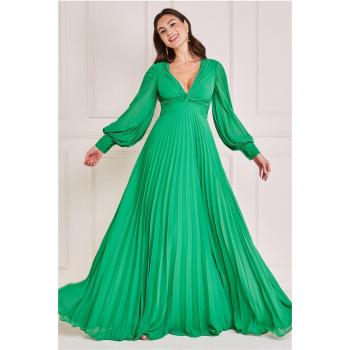 Goddiva Fully Pleated Chiffon Maxi Dress - Green