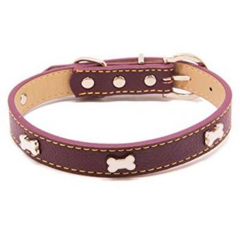 Collar Piel con Huesitos 35 cm - Morado, Collar Ajustable de Cuero con Decoración Huesos Blancos para Perro Cachorro Perrito Mascota Animal Domestico, pequeño (1,5x35