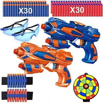 2 Pcs Pistola de Juguete para Niños, Pistola Bláster con 60 Flechas/Balas + 2 Gafas Protectoras, Pistola de Dardos Espuma Infantil, Juegos de Ninos Disparar, Regalo de Cumpleaños Niños Niñas 3-10 Años