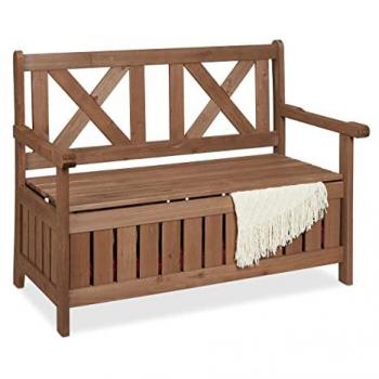 Banco Jardín con Baúl, 2 Plazas, Madera de Abeto, 85 x 115 x 60 cm, Asiento Exterior con Respaldo, Color Marrón Oscuro