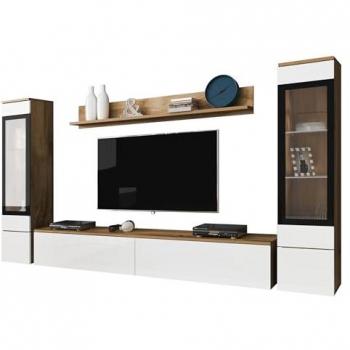 Conjunto de salón Sarasota 126, muebles de aglomerado laminado y vidrio templado, dimensiones 132 x 33 cm, acabado Wotan roble y blanco brillante, incluye mesa de TV y partes separadas