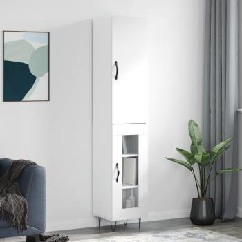 Aparador alto de madera contrachapada blanco brillo 34,5x34x180 cm con 1 puerta de cristal, mueble de almacenaje para salón, buffet y armario auxiliar