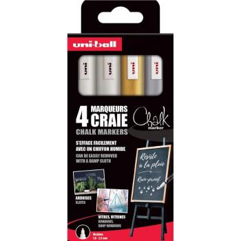 Rotuladores de tiza Uniball PWE 5M - Blister de 4 colores (2 blancos, oro y plata)