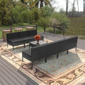 8-Piece Black Poly Rattan Garden Lounge Set with Cushions