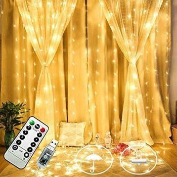 FINEVERNEK 3M * 3M Cortina de Luces, 3m x 3m 300 LED, Cortina Luces LED Exterior Interiores, 8 Modos de Luces, Guirnaldas Luminosas Decoración Interior y Exterior, Comedor, Casa, Boda, Fiesta