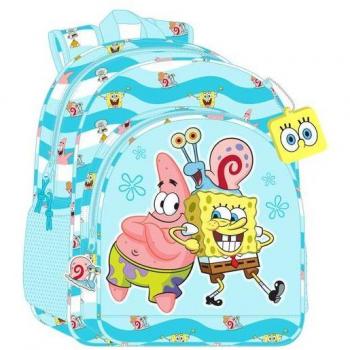 Mochila Escolar Bob Esponja Stay Positive Adaptable a Carro 33x42x14cm Azul y Blanco