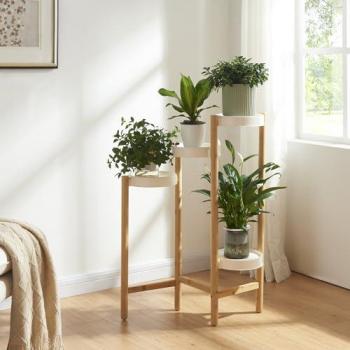 Soporte para Plantas Sastamala de 4 Niveles en Bambú y Plástico - 85 x 58 x 25 cm - Blanco y Natural
