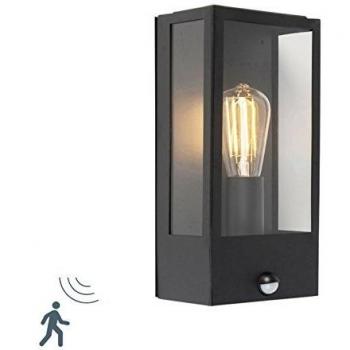 Aplique negro detector de movimiento IP44 - ROTTERDAM 1, moderno, vidrio/acero inoxidable, rectangular, adecuado para LED, potencia máxima 1 x 60 Watt