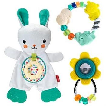 Set abraza y muerde que brilla en la oscuridad Infantino - Muñeco de dentición tipo conejo, diseñado para aliviar el malestar dental en bebés, fabricado con materiales seguros y suaves, fácil de agarrar para las