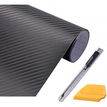 FOSHIO 3D Fibra de Carbono Negro Envolvente de Película de Vinilo 12 x 60 Hoja con Cuchillo de Utilidad Cerrable y Enjugador de Borde de Fieltro