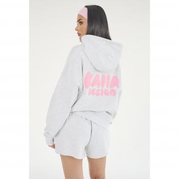 Kaiia Design Bubble Logo Oversized Hoodie Lt Grey Marl & Pink UK 16