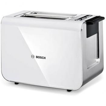 Tostadora Bosch Styline TAT8611N, 860 W, 2 ranuras, función descongelación, con soporte para panecillos, acero inoxidable/blanco