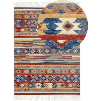 Alfombra de lana multicolor 200 x 300 cm tejido a mano con motivo étnico y franjas boho