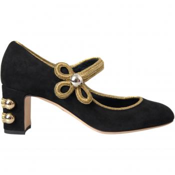 Dolce & Gabbana Black Suede Gold Mary Janes Heels Pumps Shoes - EU37/US6.5