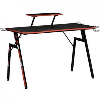 Mesa Gaming Ergonómica HOMCOM con Soporte para Monitor, Portavasos y Gancho para Auriculares - Fibra de Carbono 120x60x94,5 cm Negra