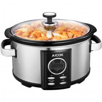 Olla de Cocción Lenta, Slow Cooker, Gran Capacidad de 6.5 L Olla de Cocción Lenta Programada Ovalada con Temporizador Digital Cocedor de Cerámica Extraíble de Acero Inoxidable, de Aicok