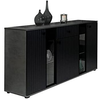 Vitrina Tucson 168 LED, con puertas y cajones, Negro y Madera Gris, 141 x 80 x 41 cm