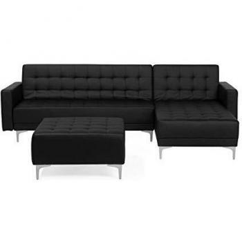 Sofá modular esquinero en piel sintética negro para 4 personas con otomana chaise longue Aberdeen