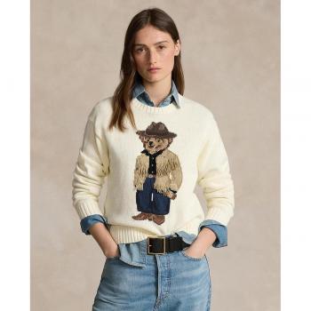 Polo Ralph Lauren Women's Beige Cotton Pullover with Polo Bear, Relaxed Fit, Size L
