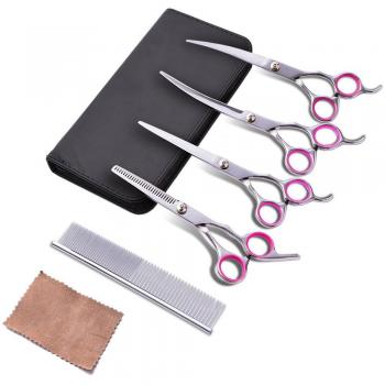 WOLFWILL Tijeras de Perro, 5 Herramientas para Cortar el Pelo a Mascotas, Kit de Peluquería Canina Perros y Gatos Corte Professional Acero Inoxidable Tijeras Curvas