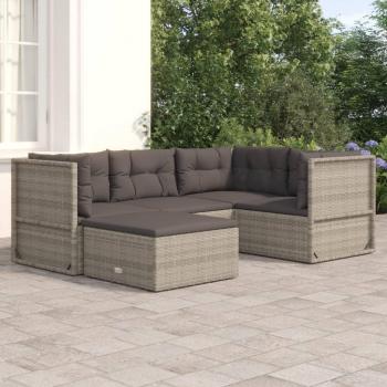 5-Piece Grey Poly Rattan Garden Lounge Set with Cushions