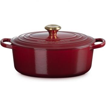 Cocotte ovalada de hierro fundido esmaltado Le Creuset 31 cm Rhône con tapa dorada