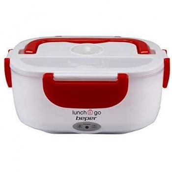 BEPER Lunch & Go Calentador de Comida eléctrico portátil, 2 contenedores extraíbles, Plancha calefactora de Acero, Cubiertos de plástico incluidos, 220 V, Rojo