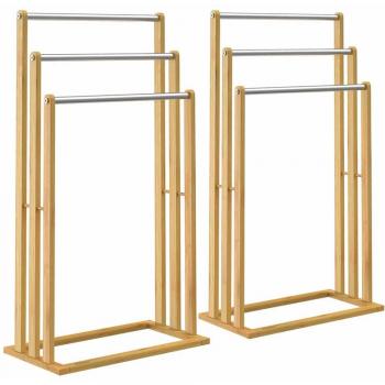 Toallero 2Pcs Set Bamboo con 3 postes de acero inoxidable, capacidad de carga de hasta 15Kg, dimensiones 46x24x84cm