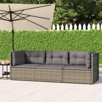 3-Piece Grey Poly Rattan Garden Lounge Set with Cushions