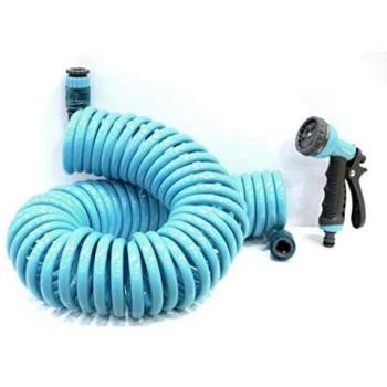 NATUUR Manguera riego Espiral 15 MTS. Poliuretano Gran Resistencia con Pistola Varias Posiciones de Salida de Agua