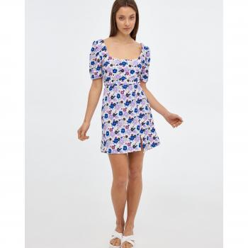 Vestido mini ajustado de manga corta y cuello cuadrado con estampado de flores y abertura en la espalda