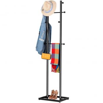 LANGRIA Perchero de Pie Escalera Moderno Minimalista Metálico con 8 Ganchos con Tapas Protectoras para la Ropa Base con Pies Ajustable para Pasillo Entrada Vestíbulo Oficina 43 x 34.5 x 180cm, Negro