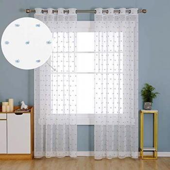 Deconovo Visillos Blancos Cortina Translucida Salón Infantiles para Ventanas Dormitorio para Habitacion Lino 140x280cm Azul Cielo