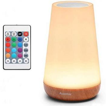 Auxmir Candeeiro de mesa de cabeceira, luz noturna LED recarregável, controlo remoto e tátil sem fios, temporizador, com USB, 13 cores de luz, para bebé dormir, castanho claro