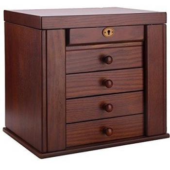 Rowling Caja Joyero de Madera con Espejo Cerradura Llave 3 Cajones de Compartimentos Bandejas Separables Solapas Laterales Forro Aterciopelado Color Marrón MG002BROWN