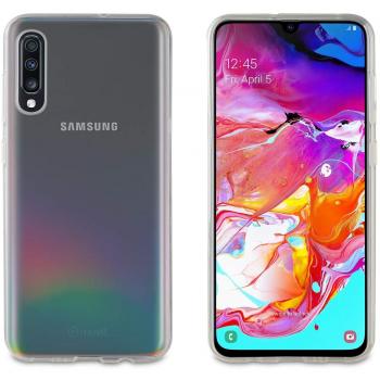 Muvit Pack Samsung Galaxy A70 Funda Cristal Transparente + Protector Pantalla Vidrio Templado Plano Marco Negro