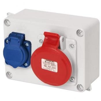 Caja estanca IP44 con 1 toma schuko 2P 16A y 1 toma 3P+T 16A, color azul y rojo