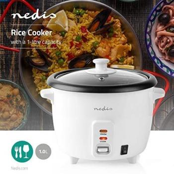 NEDIS - Hervidora de Arroz - 400 W - 1 L - Tapa de Cristal - Vaso Medidor - Antiadherente - Blanco