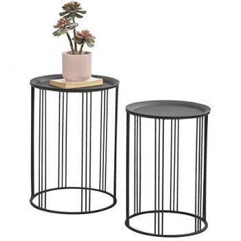 Set de 2 Mesas de Centro Batumi - Mesa Auxiliar Redonda en Metal Negro (50cm x 34cm y 55cm x 40cm)