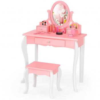 Set de Mesa Tocador y Taburete para Niños con Espejo Giratorio a 360°, 3 Cajones, Parte Superior Removible, Diseño Rosa y Blanco