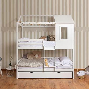 Litera Infantil Casita Blanca con Cama Elevable de Madera 90x190/90x190cm