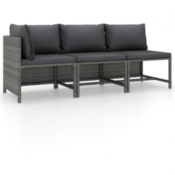 Set de muebles de jardín 3 piezas con cojines de ratán sintético gris