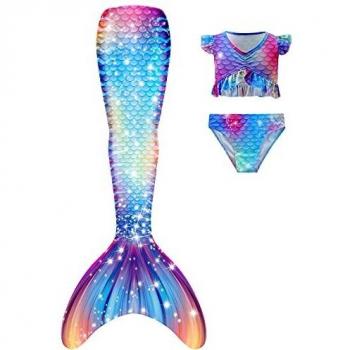 DNFUN 3pcs Traje de Baño de Cuello Hálter con Cola de Sirena Bikini Set para Niña,M2,130