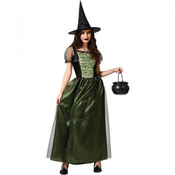 Disfraz de Bruja Verde Oscuro para Mujer - Incluye vestido largo con mangas acampanadas, cinturón ajustable, gorro puntiagudo y detalles en encaje